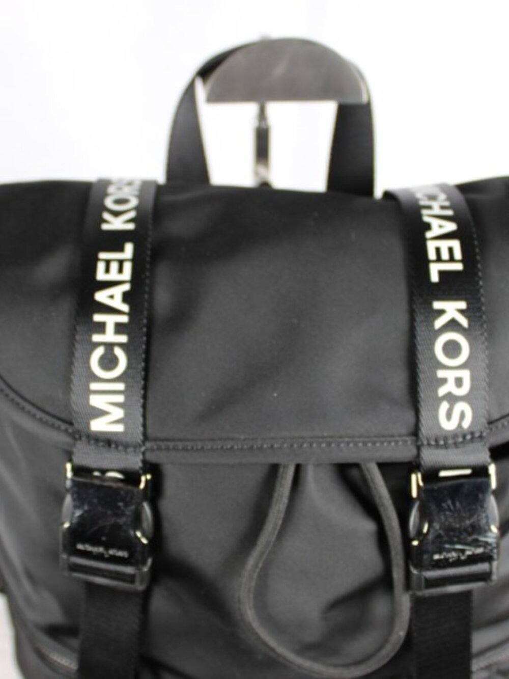 Michael Kors Black Nylon Backpack Logo Strap Buckle Drawstring Travel Bag - Picture 4 of 12
